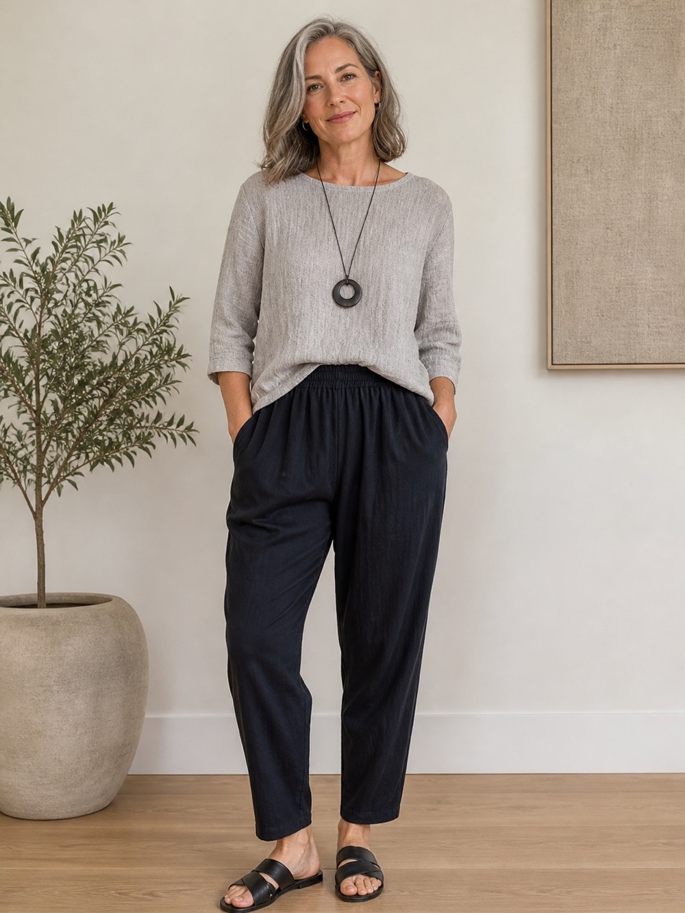 Eileen Fisher Black Cropped Elastic-Waist Pants size large
